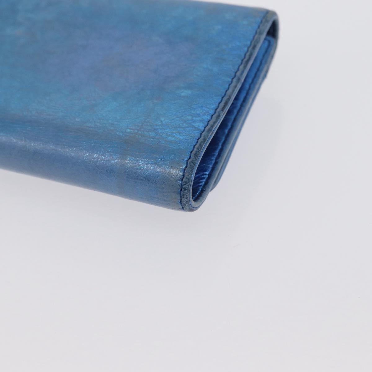 CHANEL Compact Wallet Leather Blue Silver CC Auth 172453