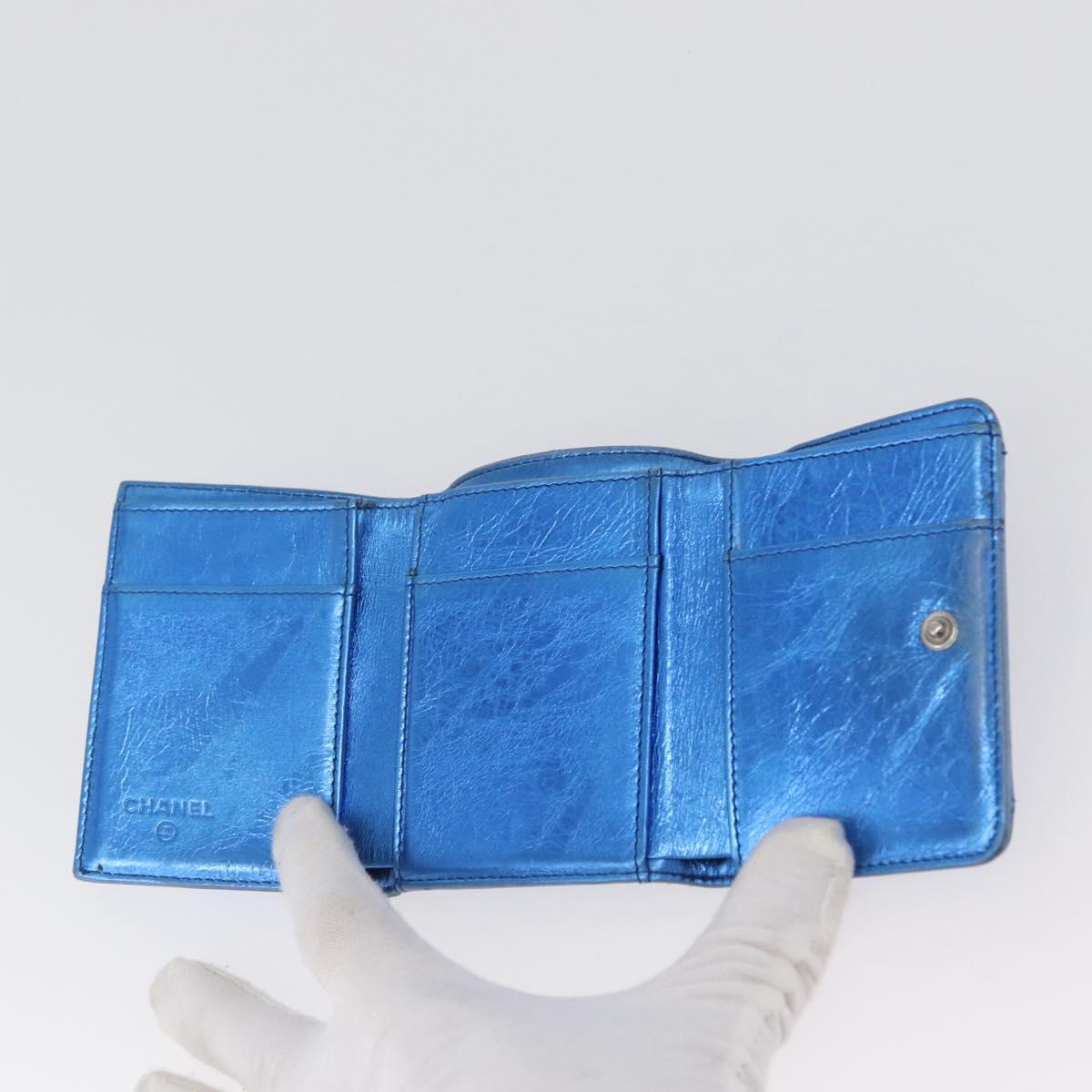 CHANEL Compact Wallet Leather Blue Silver CC Auth 172453