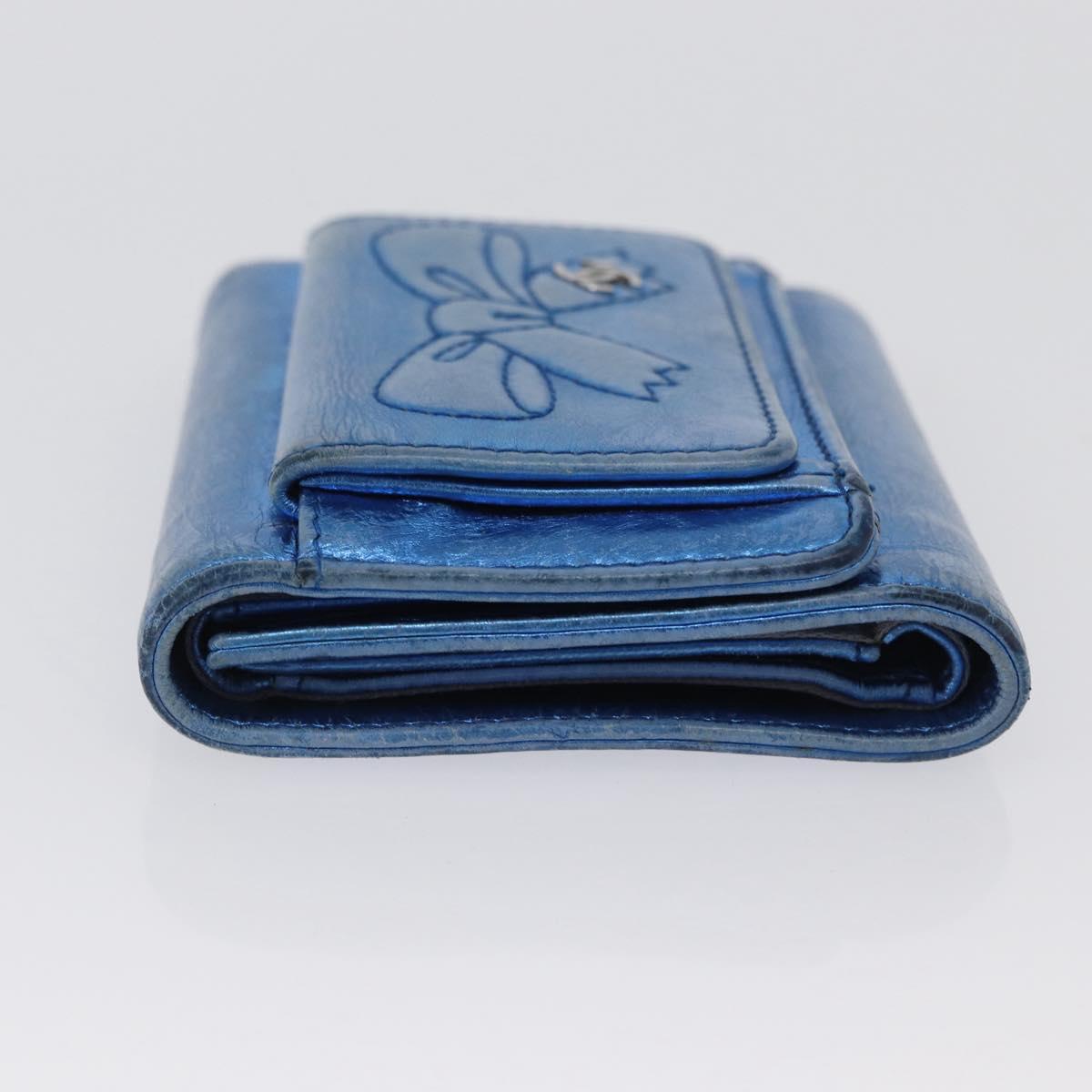 CHANEL Compact Wallet Leather Blue Silver CC Auth 172453