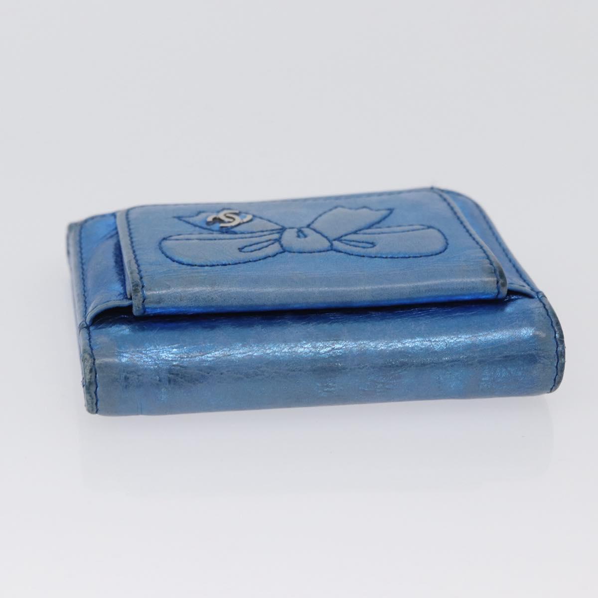 CHANEL Compact Wallet Leather Blue Silver CC Auth 172453