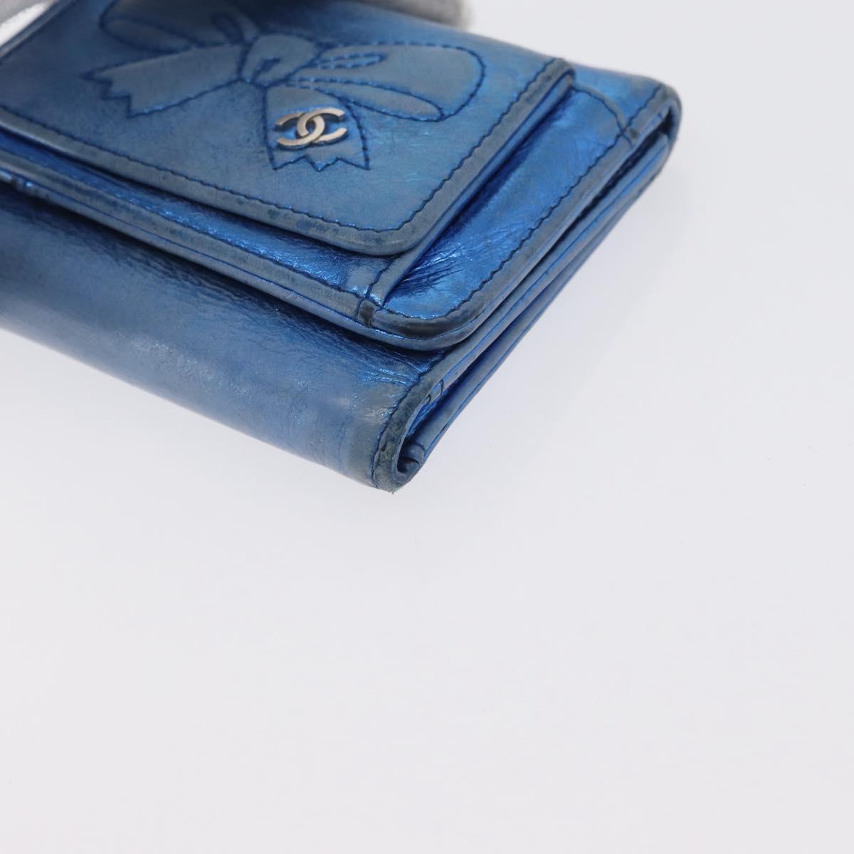 CHANEL Compact Wallet Leather Blue Silver CC Auth 172453
