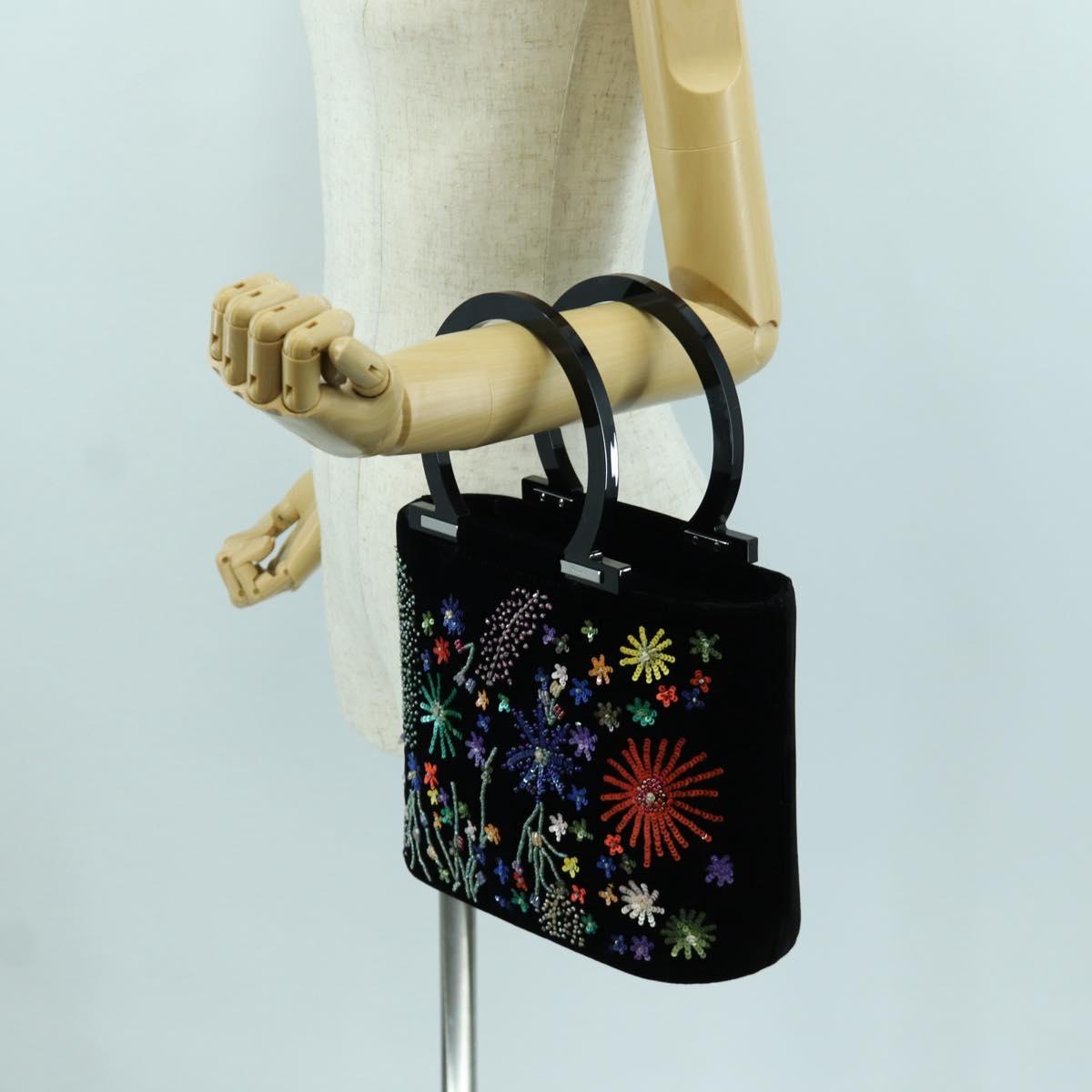 Salvatore Ferragamo beads Hand Bag Velor Black Silver Auth 172459V