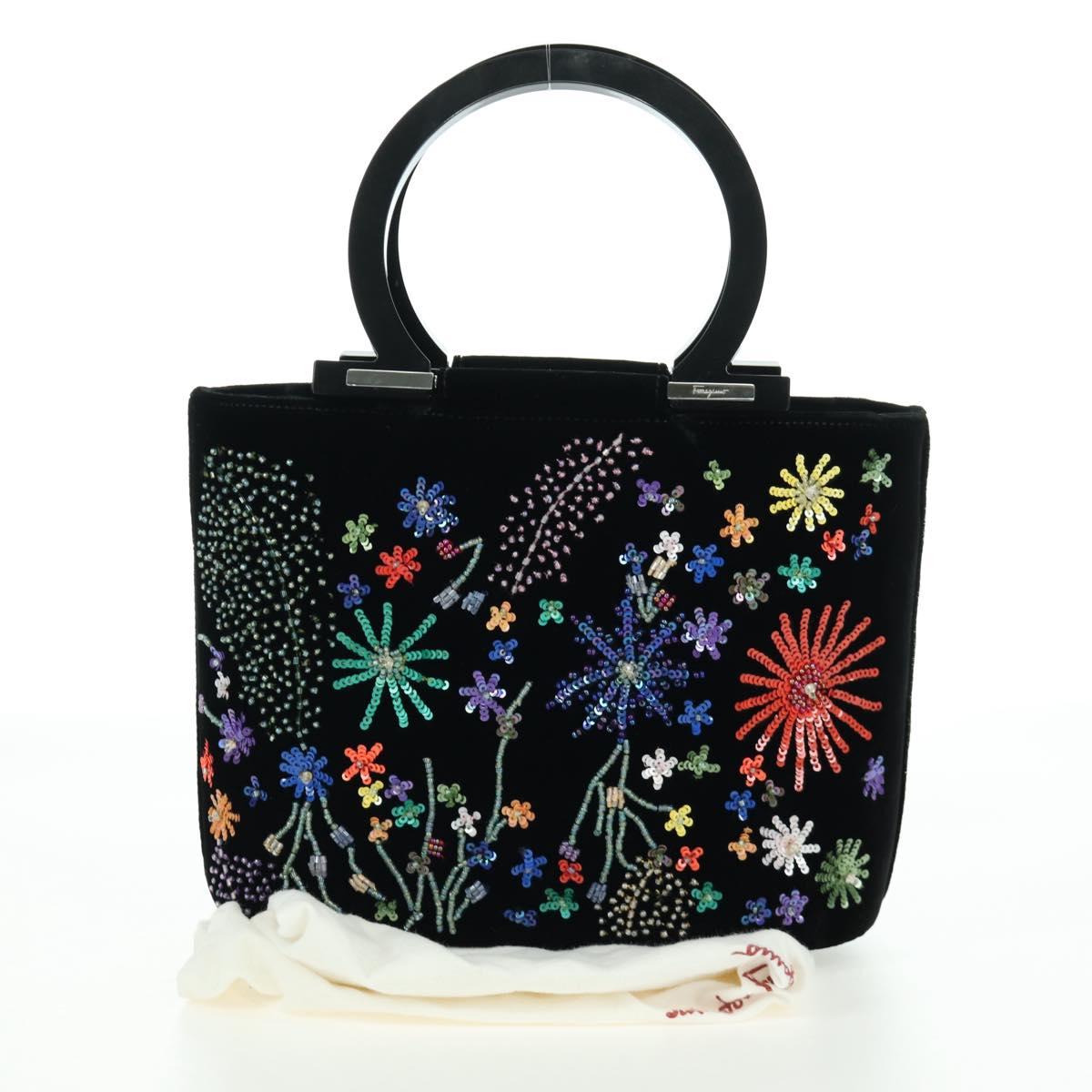 Salvatore Ferragamo beads Hand Bag Velor Black Silver Auth 172459V