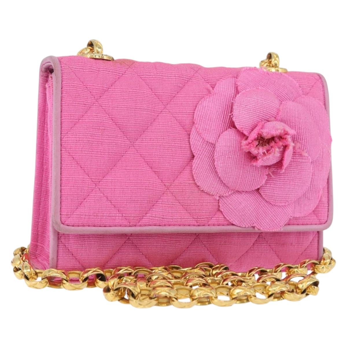 CHANEL Matelasse Chain Camelia Shoulder Bag Canvas Pink Gold CC Auth 172461V
