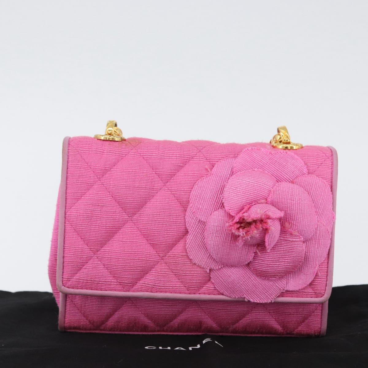 CHANEL Matelasse Chain Camelia Shoulder Bag Canvas Pink Gold CC Auth 172461V