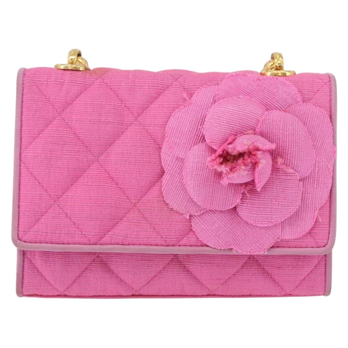 CHANEL Matelasse Chain Camelia Shoulder Bag Canvas Pink Gold CC Auth 172461V