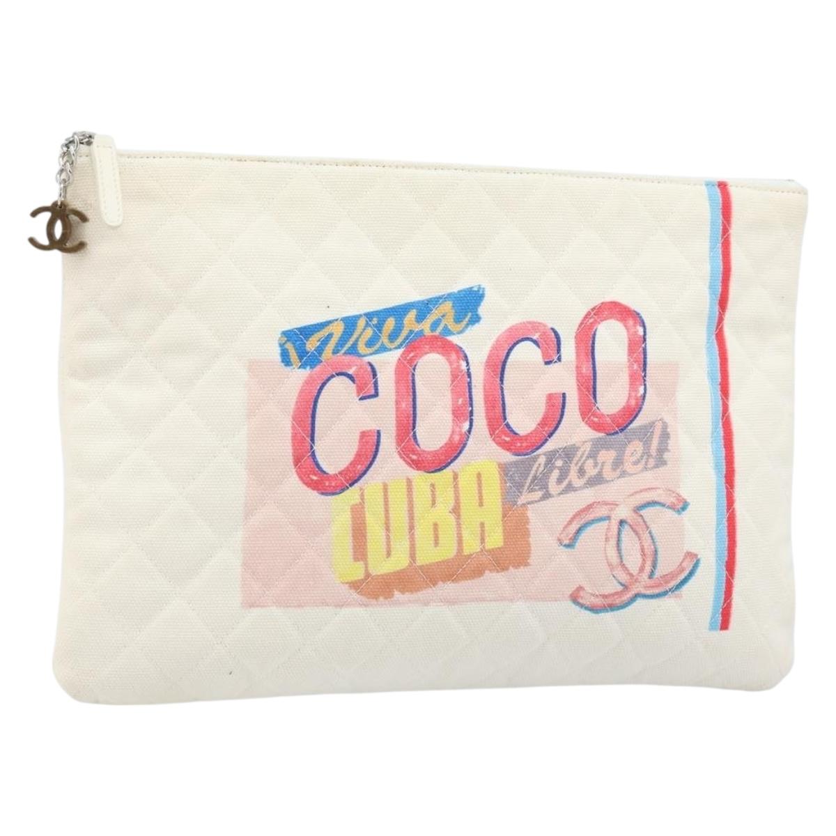 CHANEL Matelasse Clutch Bag Canvas White Silver CC Auth 172468V