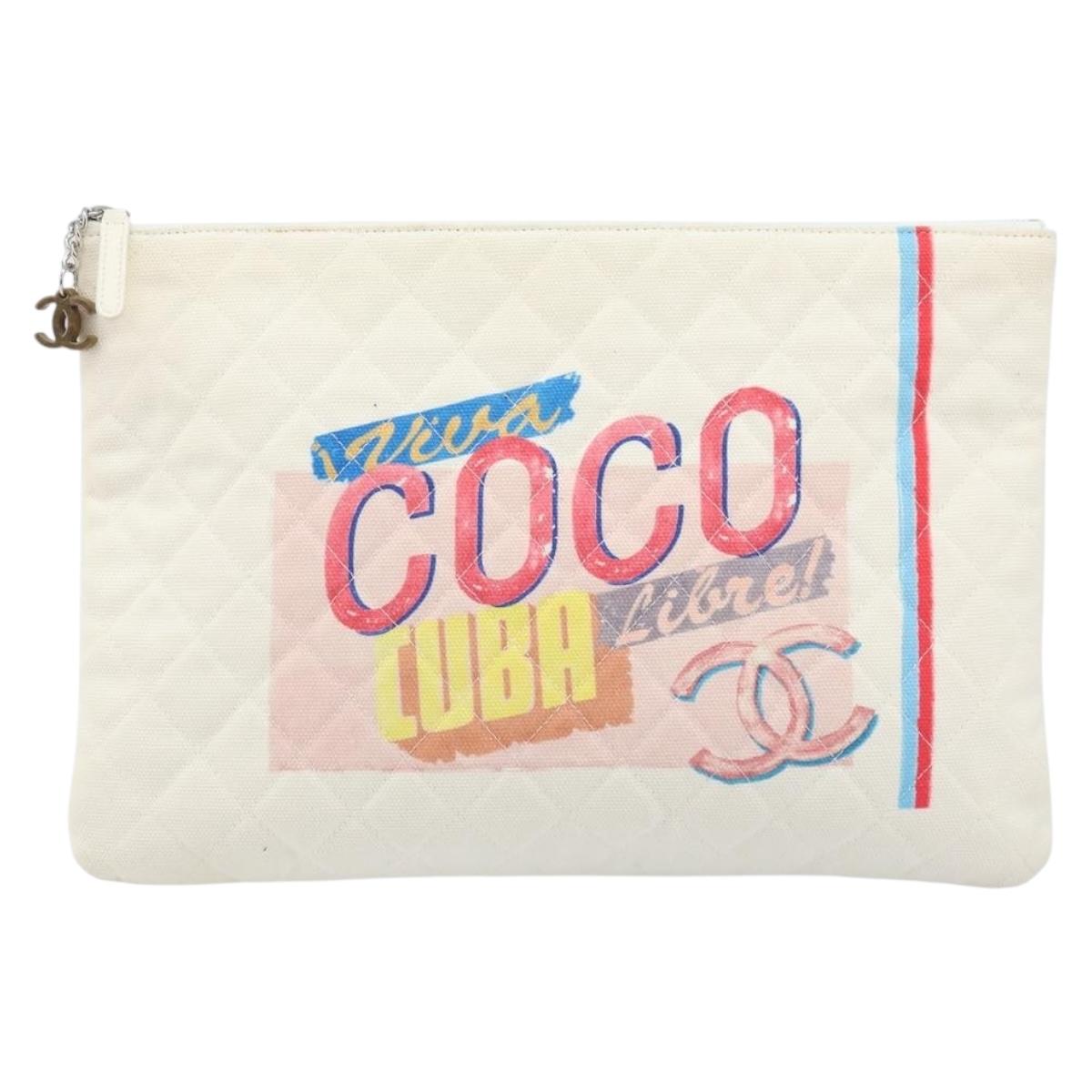 CHANEL Matelasse Clutch Bag Canvas White Silver CC Auth 172468V