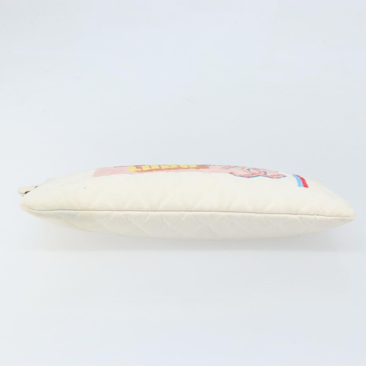 CHANEL Matelasse Clutch Bag Canvas White Silver CC Auth 172468V
