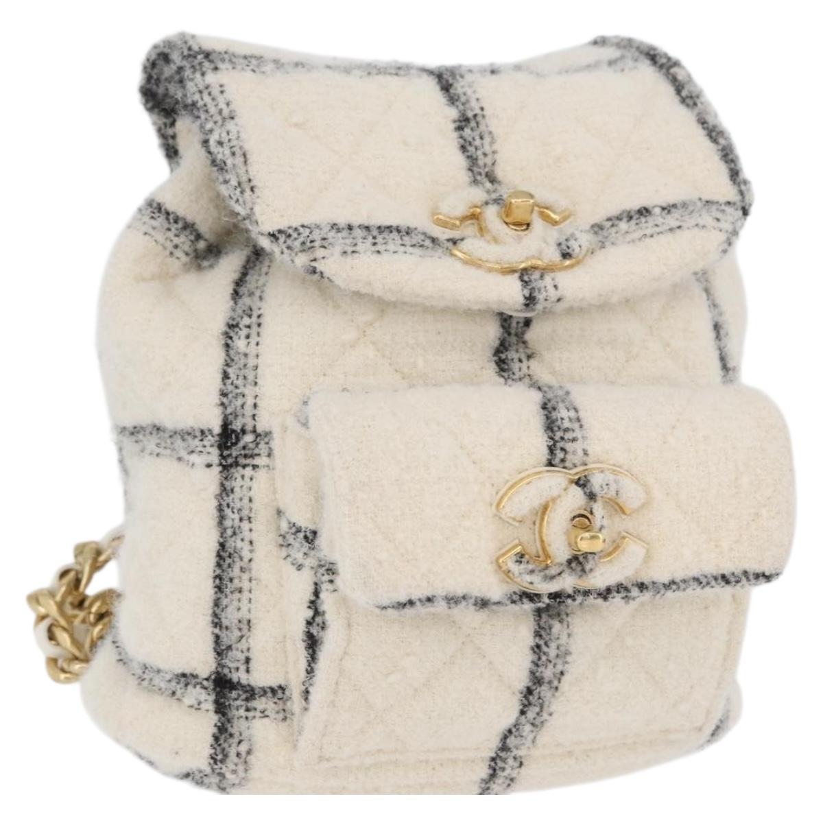 CHANEL Matelasse Chain Backpack Tweed White Gold CC Auth 172472SM