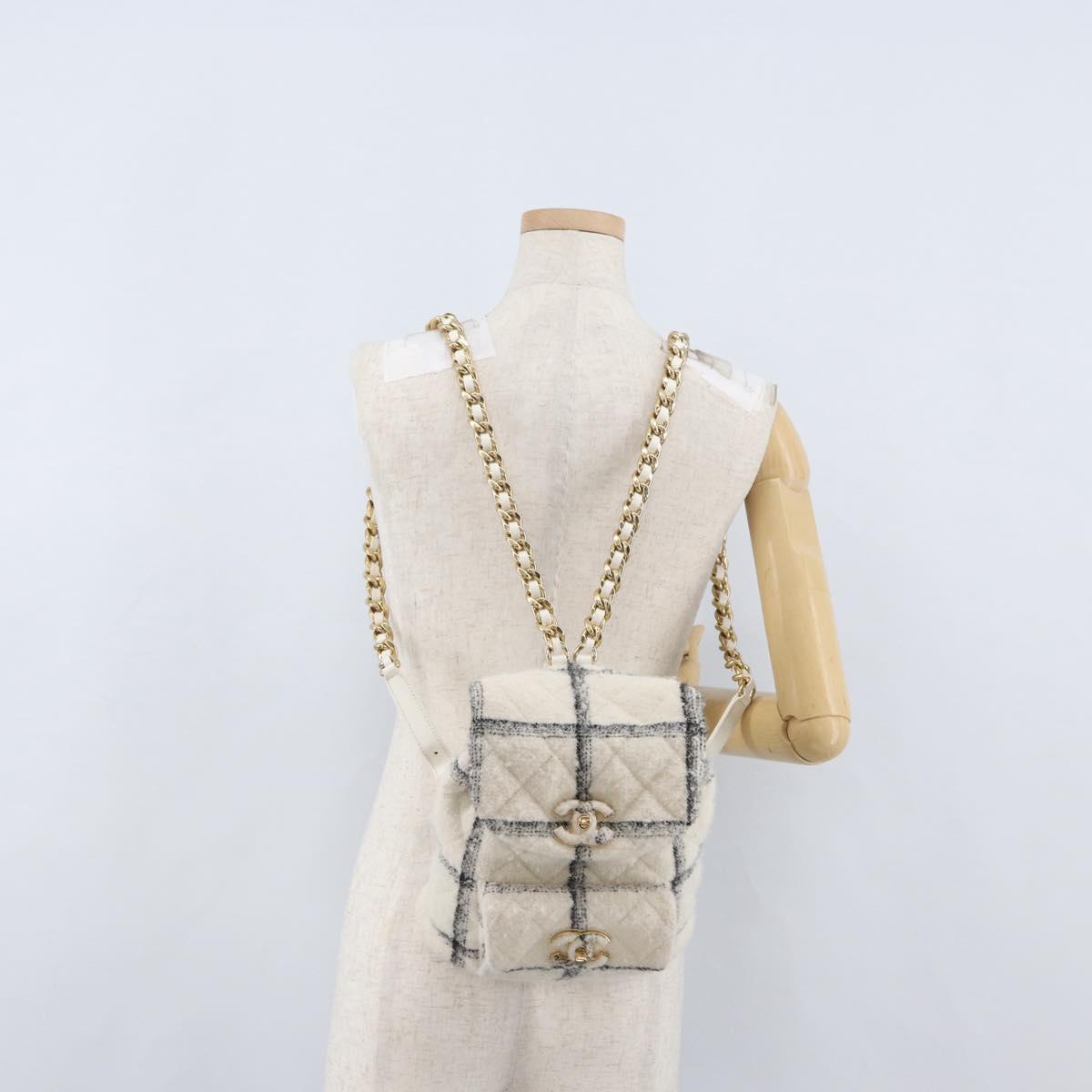 CHANEL Matelasse Chain Backpack Tweed White Gold CC Auth 172472SM