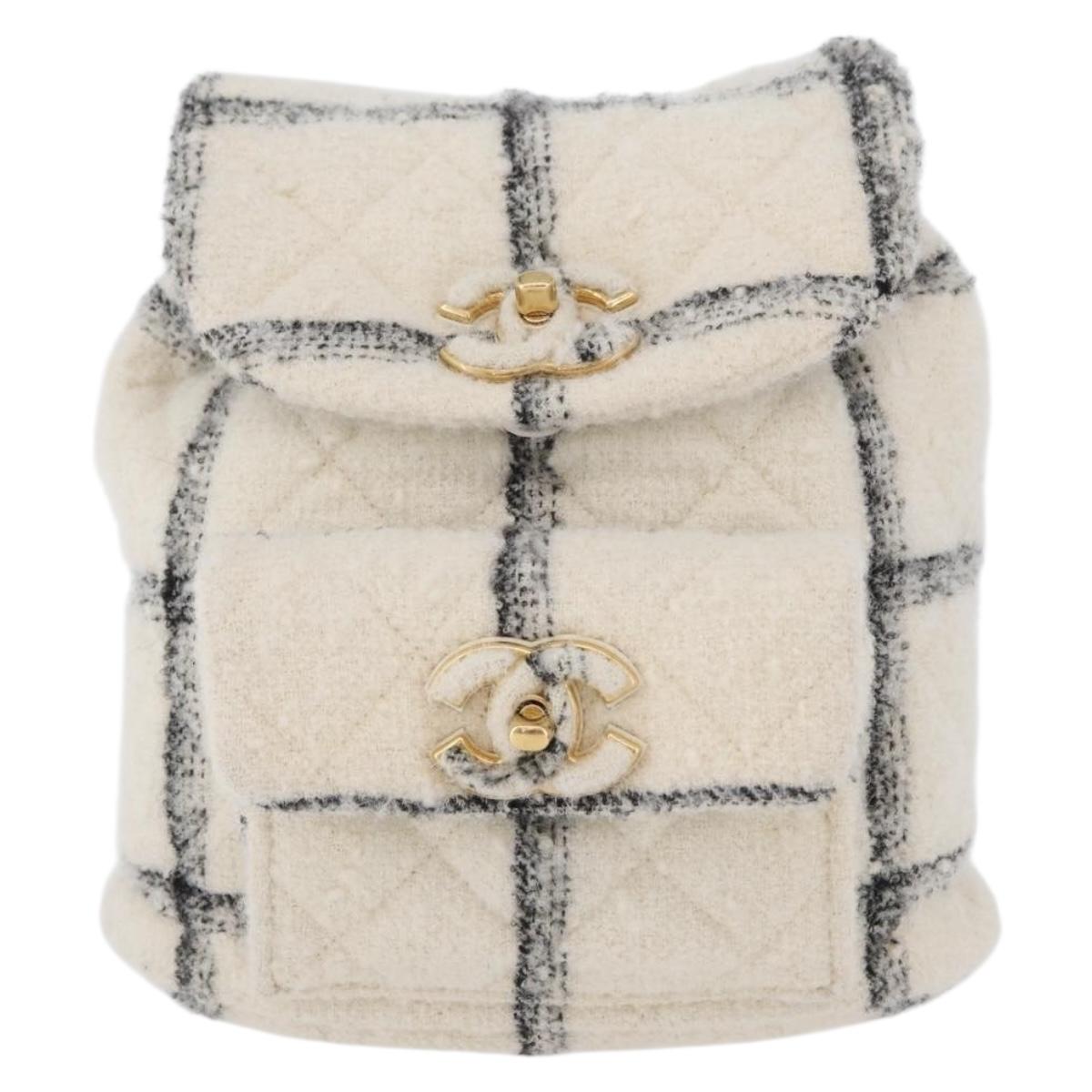 CHANEL Matelasse Chain Backpack Tweed White Gold CC Auth 172472SM