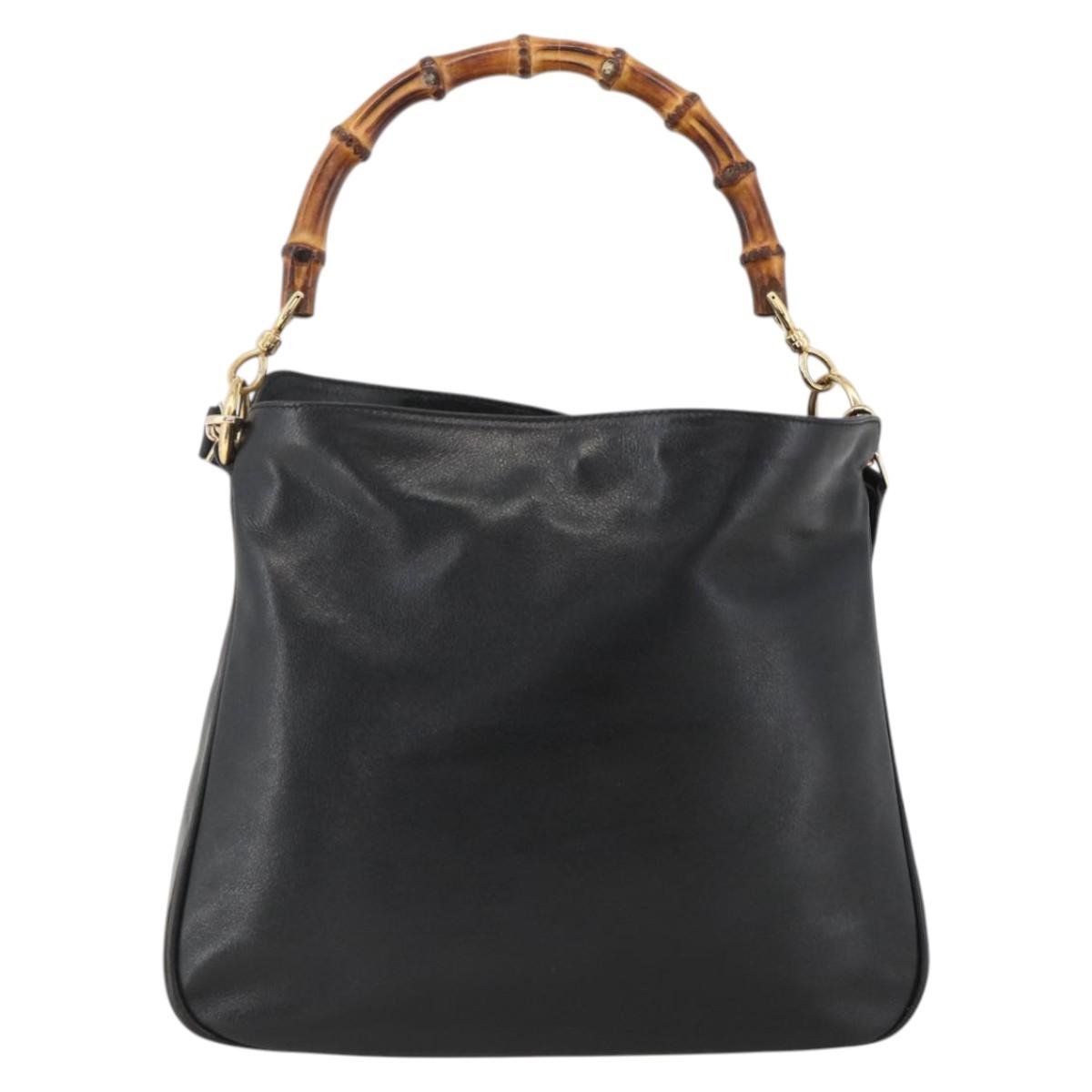 GUCCI Bamboo Hand Bag Leather 2way Black Gold 001 1705 1638 Auth 172475