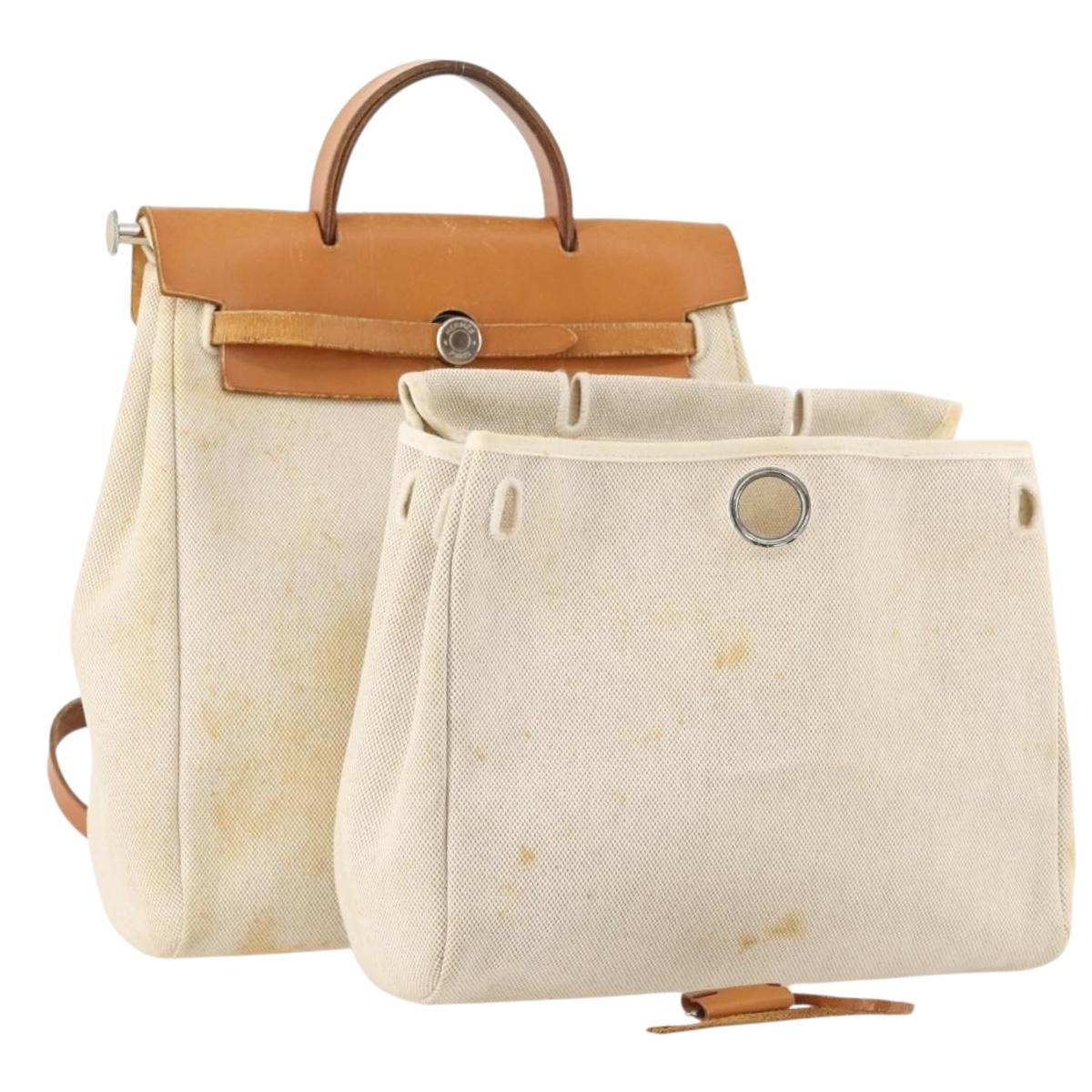 HERMES Herbag Ad PM Backpack Canvas Leather 2way Beige Silver Auth 172481