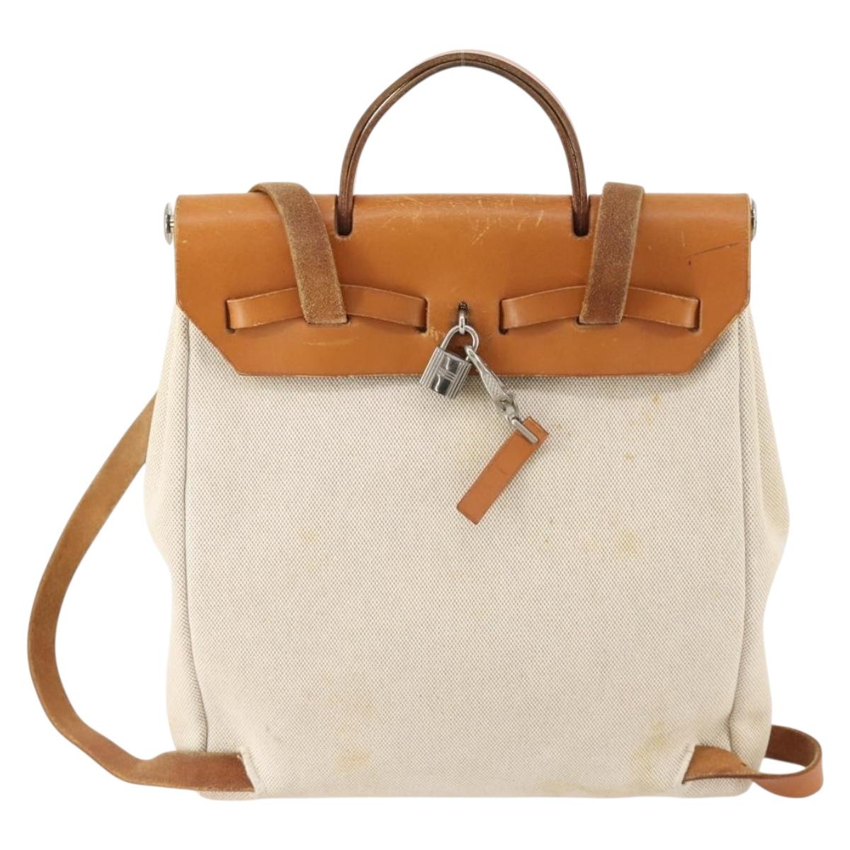 HERMES Herbag Ad PM Backpack Canvas Leather 2way Beige Silver Auth 172481