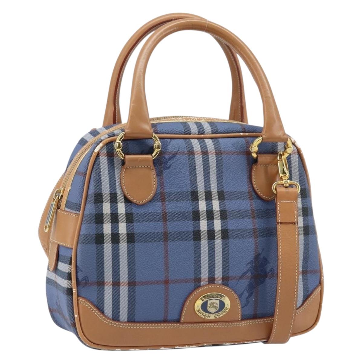 Burberrys Nova Check Hand Bag PVC Leather 2way Blue Gold Auth 172484