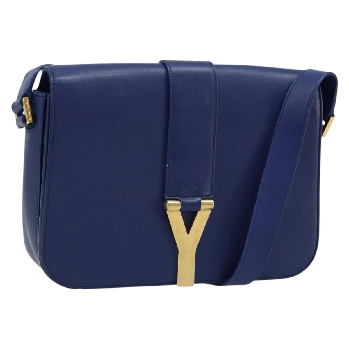 SAINT LAURENT Y Line Shoulder Bag Leather Blue Gold 311214 Auth 172514V