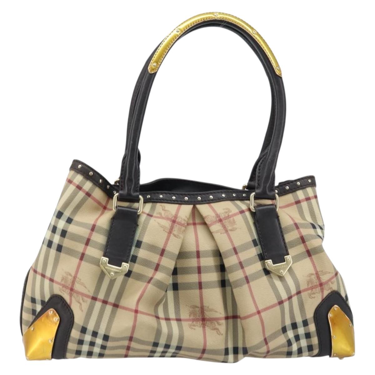 BURBERRY Nova Check Hand Bag PVC Beige Gold Auth 172518