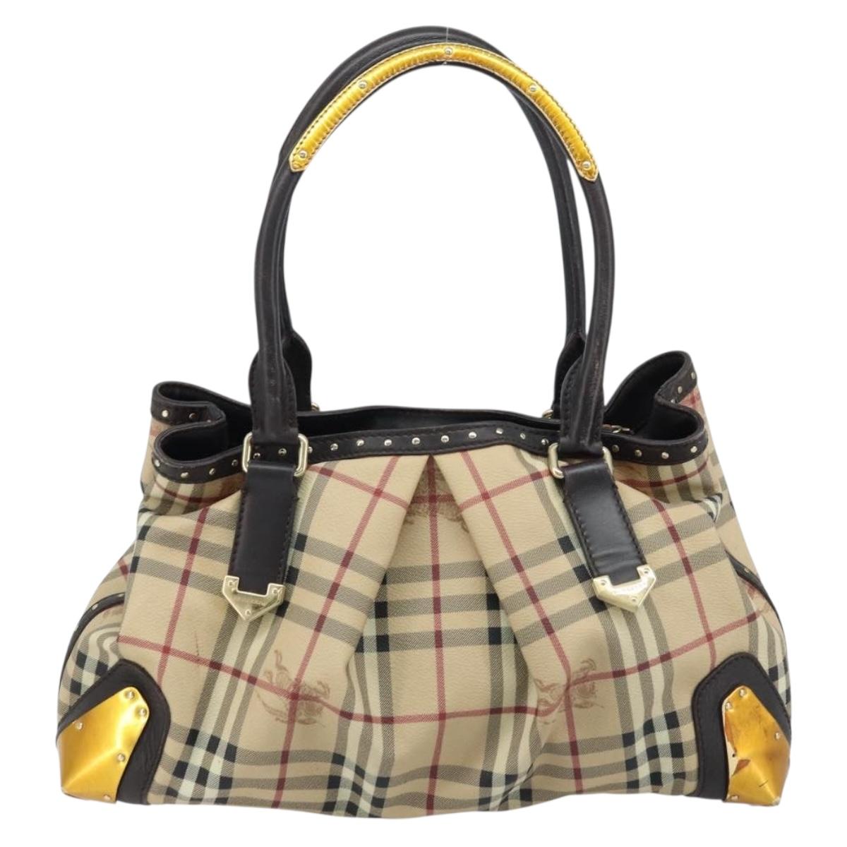 BURBERRY Nova Check Hand Bag PVC Beige Gold Auth 172518