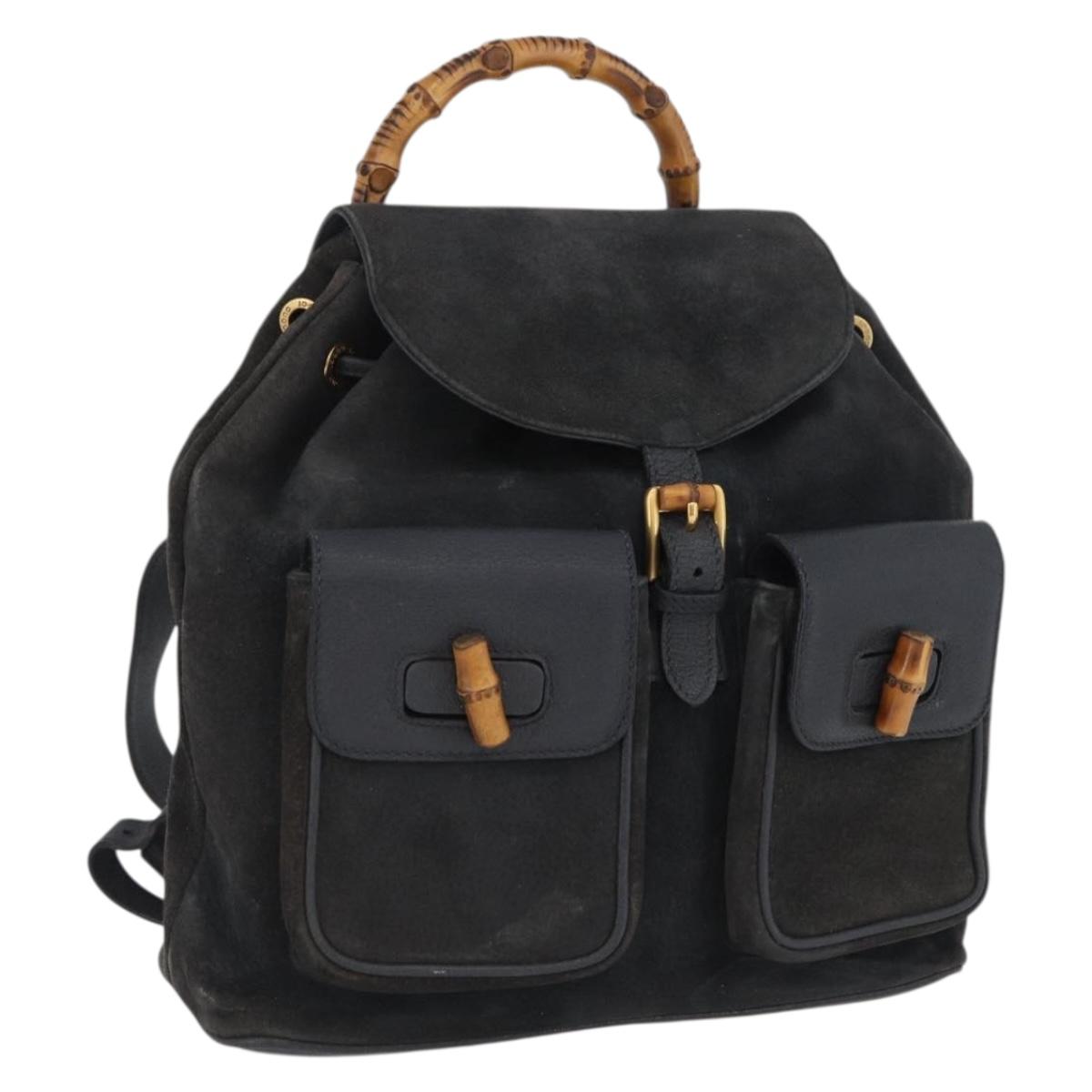 GUCCI Bamboo Backpack Suede Leather Black Gold 003 2058 0016 Auth 172522