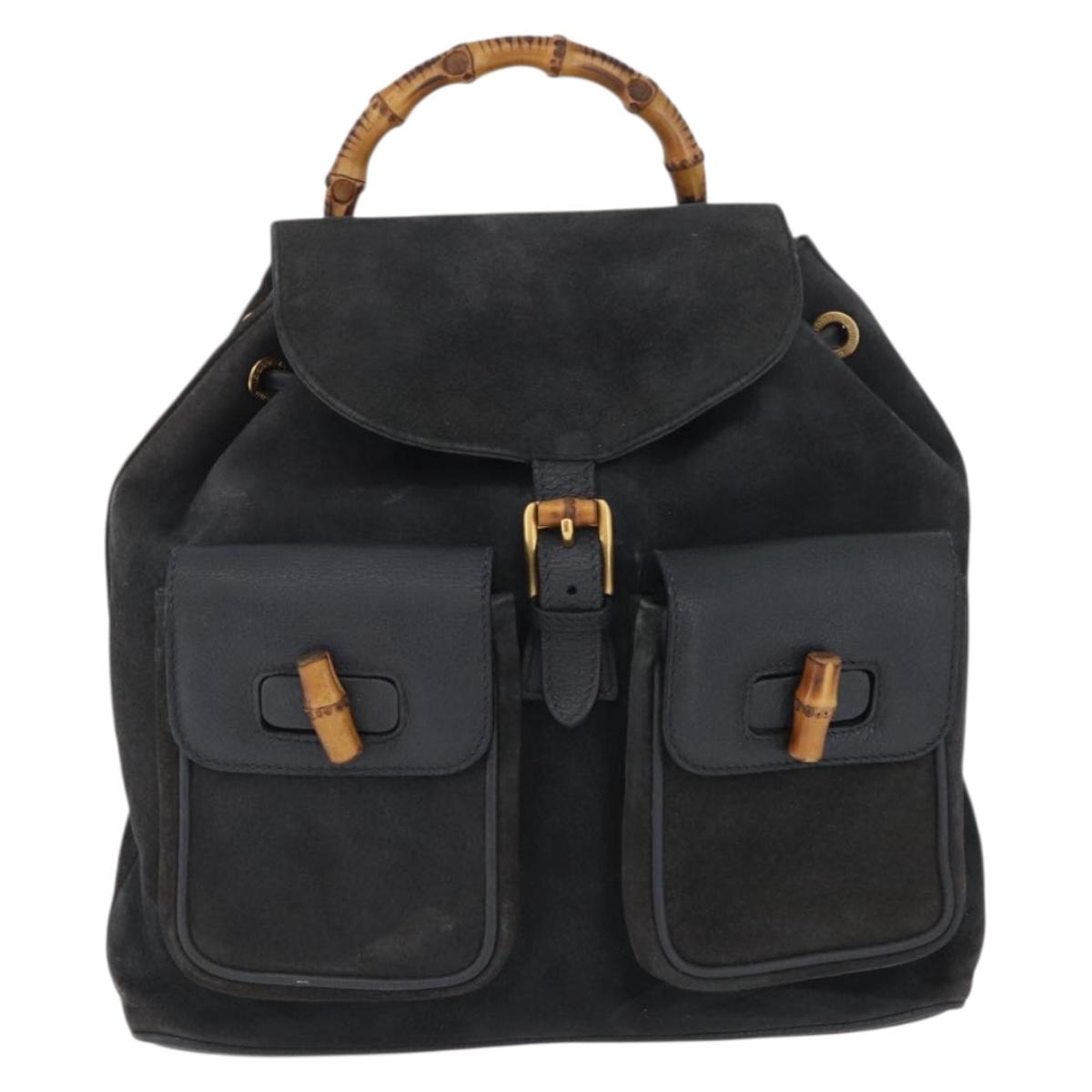 GUCCI Bamboo Backpack Suede Leather Black Gold 003 2058 0016 Auth 172522