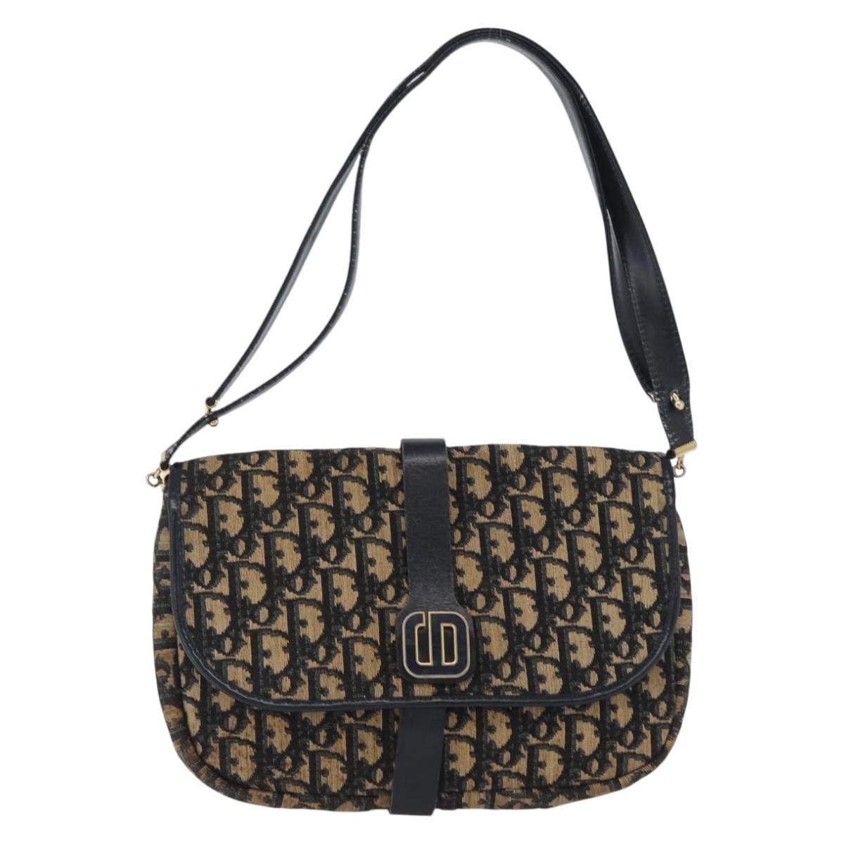Christian Dior Trotter Canvas Shoulder Bag Navy Gold Auth 172525