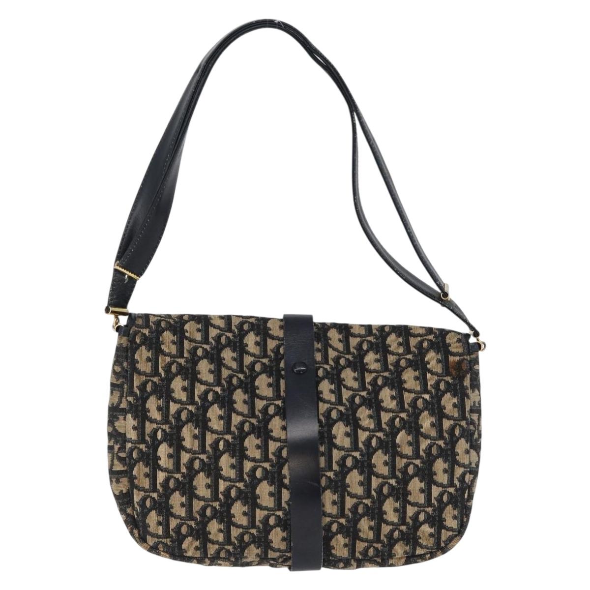Christian Dior Trotter Canvas Shoulder Bag Navy Gold Auth 172525