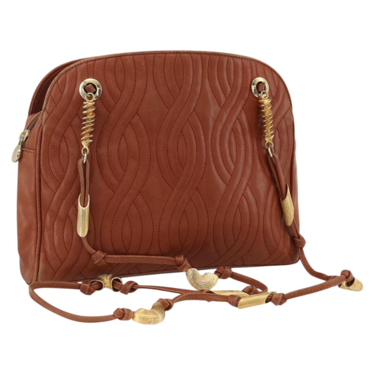 FENDI Macaroni Shoulder Bag Leather Brown Gold Auth 172526