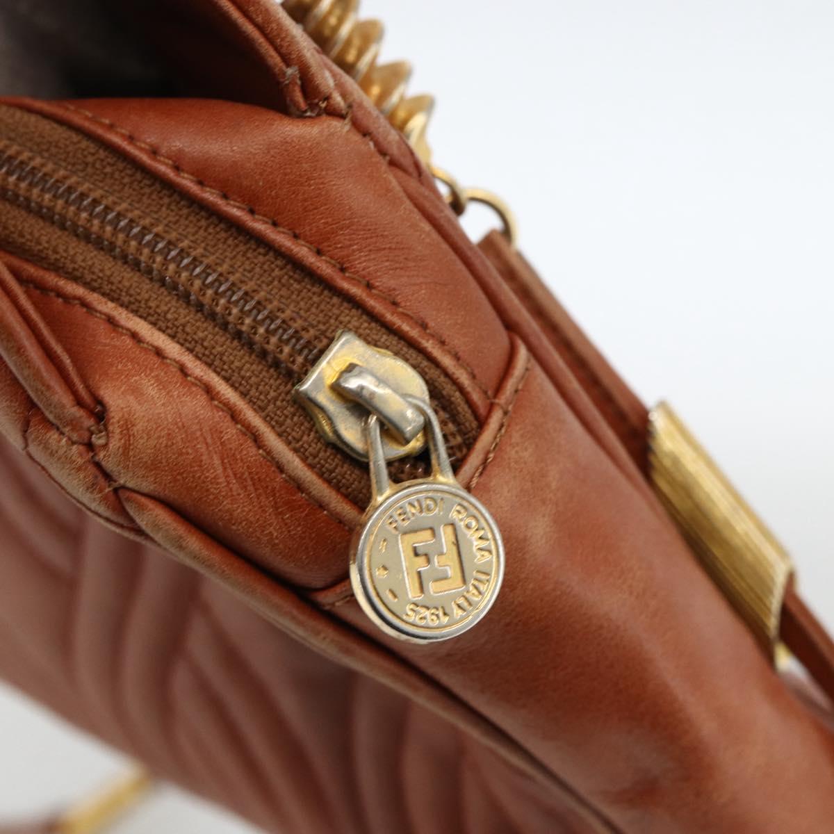 FENDI Macaroni Shoulder Bag Leather Brown Gold Auth 172526