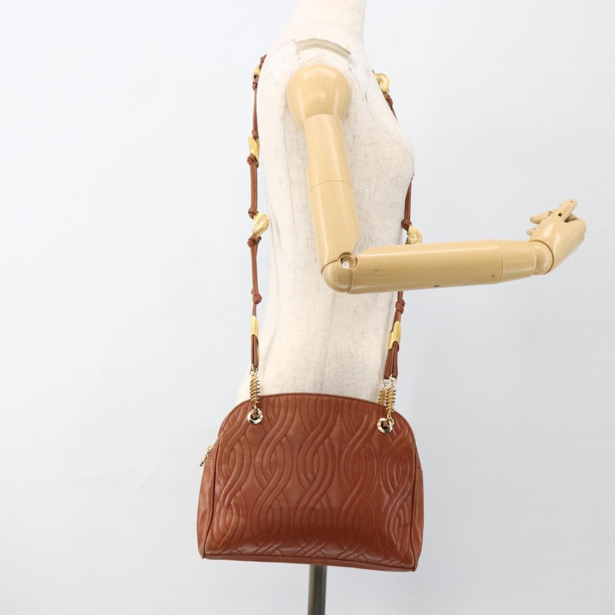 FENDI Macaroni Shoulder Bag Leather Brown Gold Auth 172526