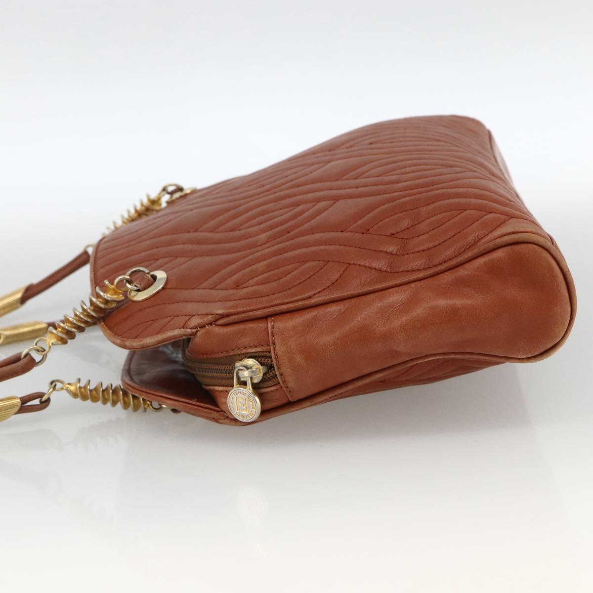 FENDI Macaroni Shoulder Bag Leather Brown Gold Auth 172526