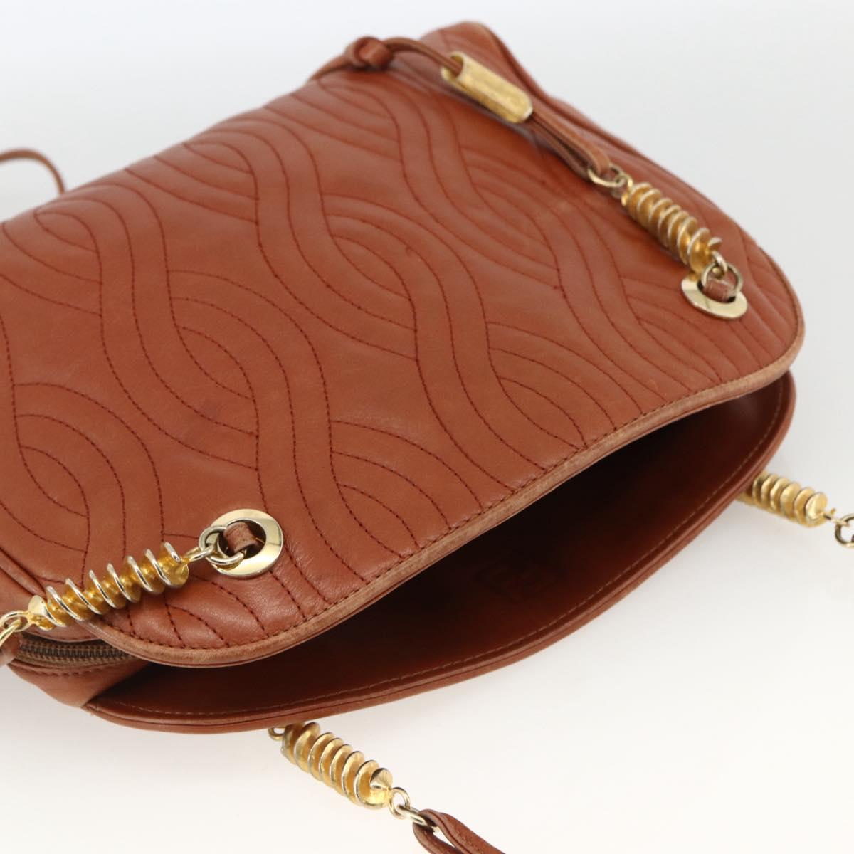 FENDI Macaroni Shoulder Bag Leather Brown Gold Auth 172526
