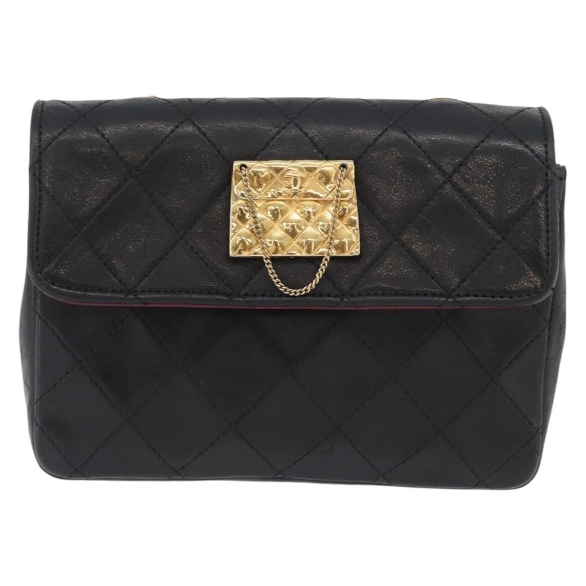 CHANEL Matelasse Chain Shoulder Bag Lamb Skin Black Gold CC Auth 172545SAV