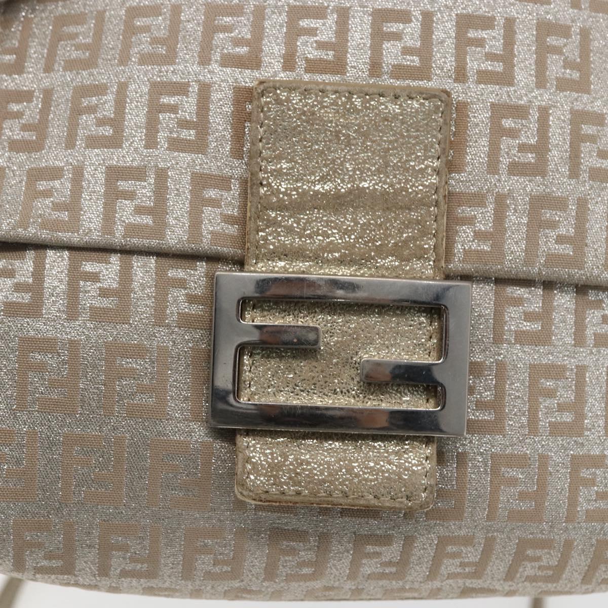 FENDI Zucchino Canvas Mamma Baguette Shoulder Bag Silver Auth 172589