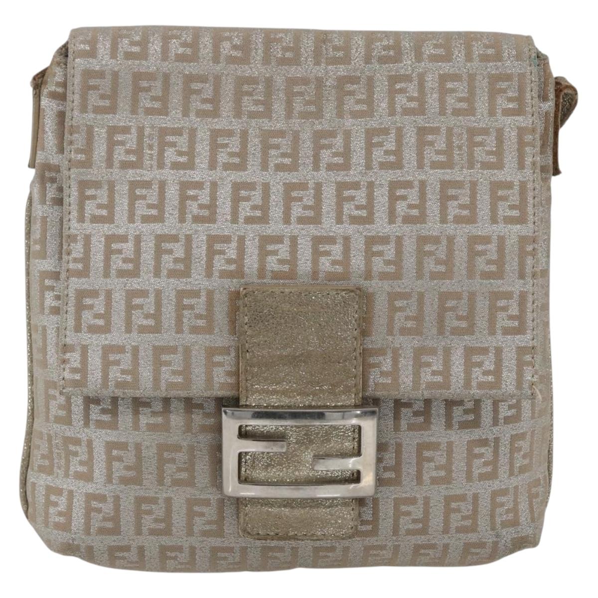 FENDI Zucchino Canvas Mamma Baguette Shoulder Bag Silver Auth 172589