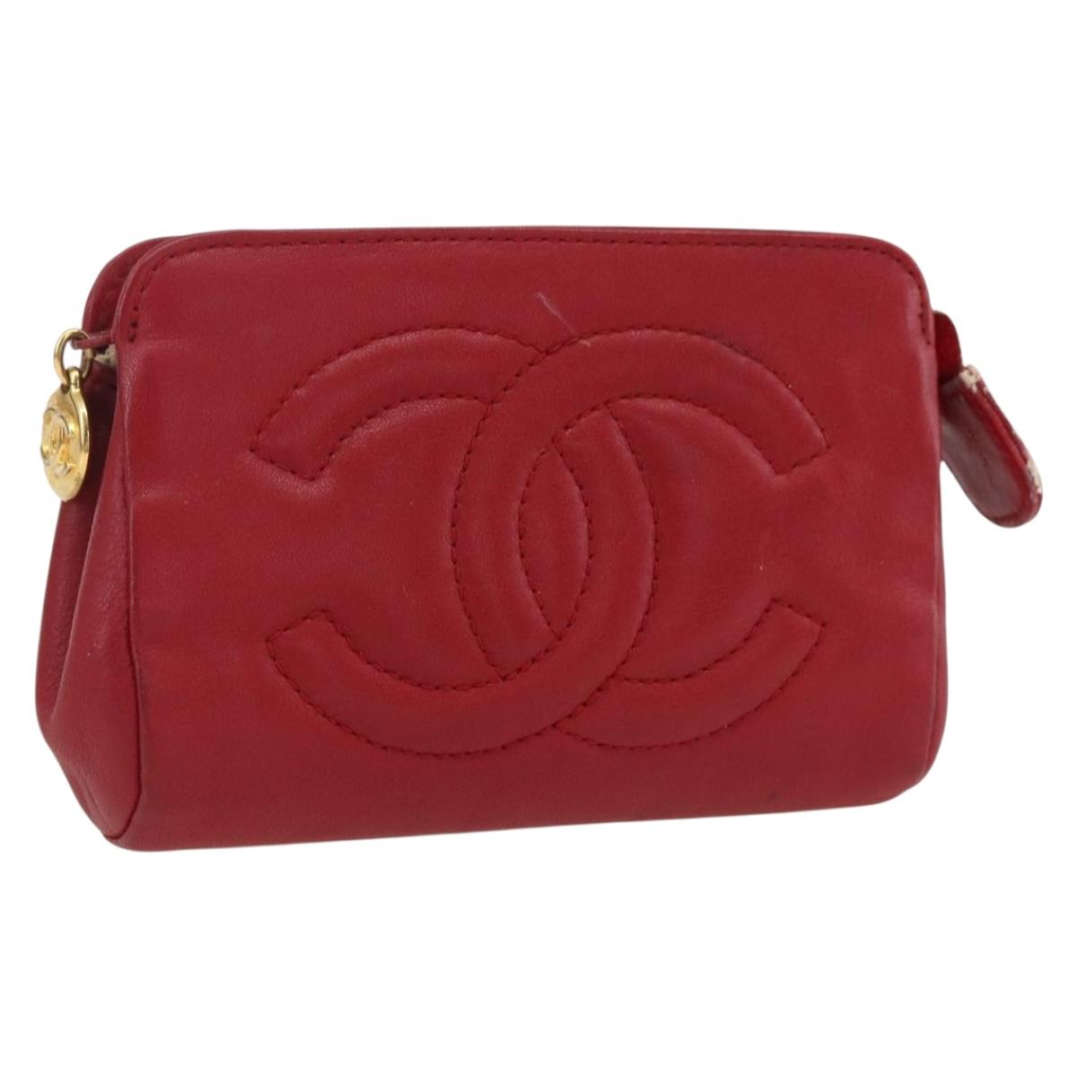 CHANEL Pouch Lamb Skin Red Gold CC Auth 172608