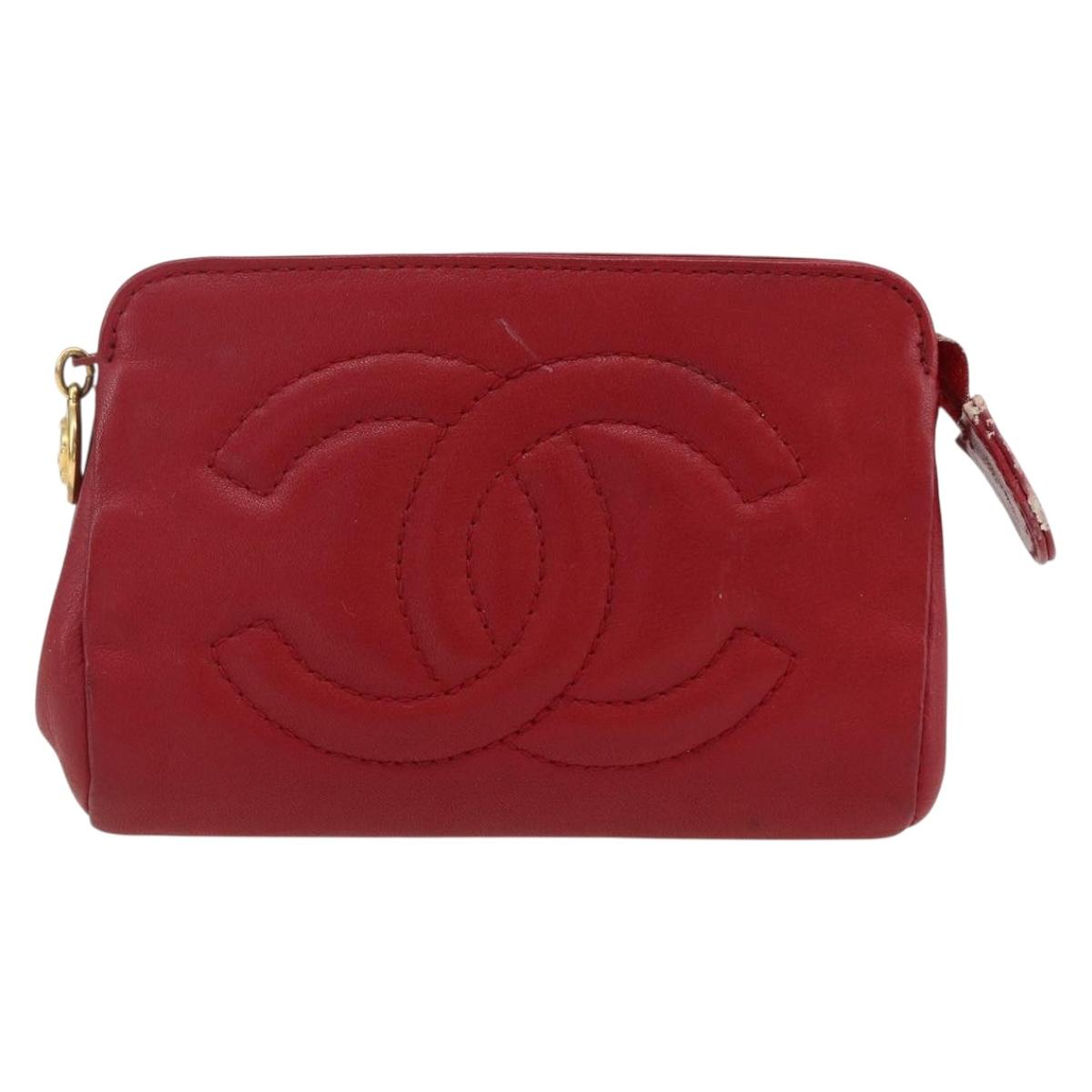 CHANEL Pouch Lamb Skin Red Gold CC Auth 172608