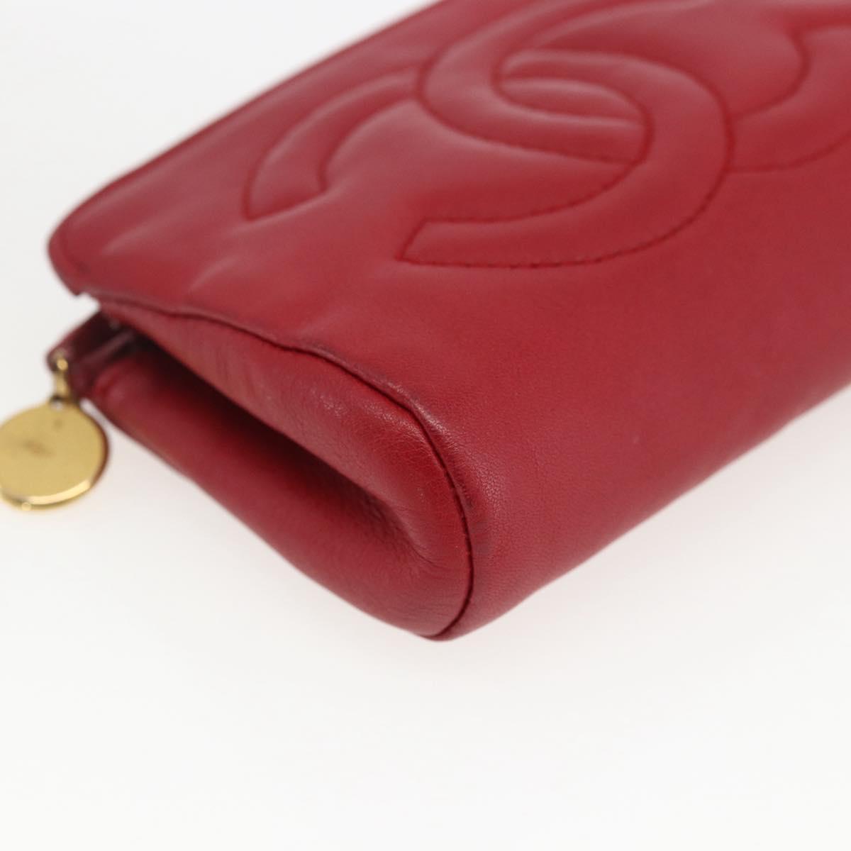 CHANEL Pouch Lamb Skin Red Gold CC Auth 172608