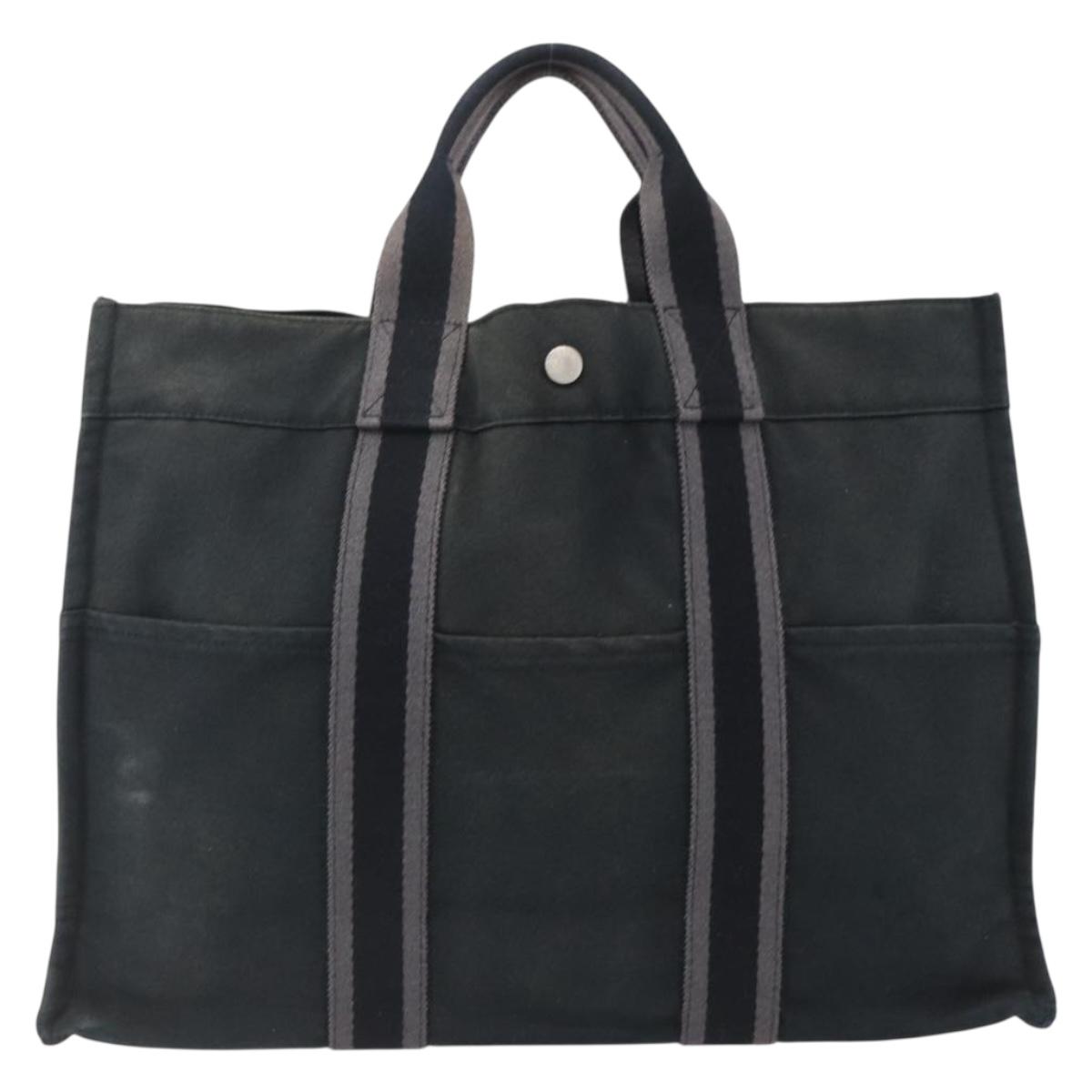 HERMES Fourre Tout MM Hand Bag Canvas Black Silver Auth 172610