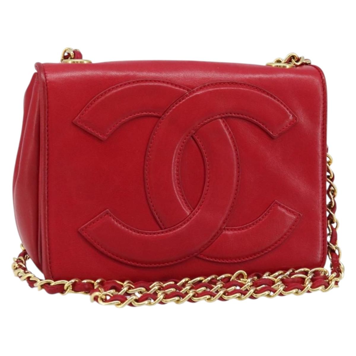 CHANEL Matelasse COCO Mark Chain Shoulder Bag Lamb Skin Red Gold CC Auth 172623V
