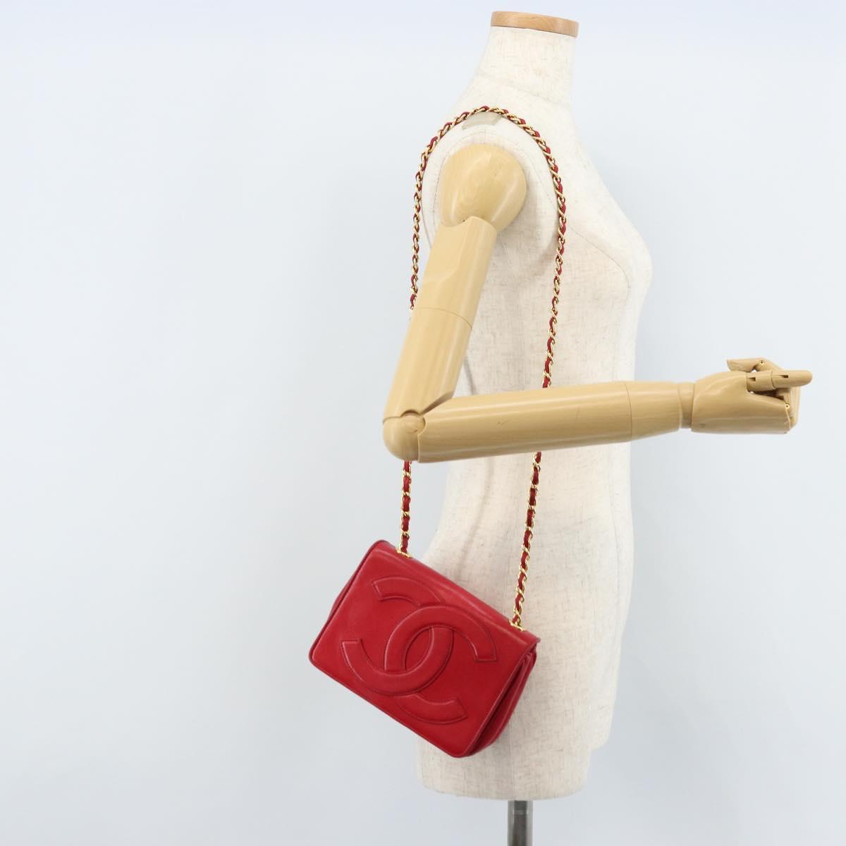 CHANEL Matelasse COCO Mark Chain Shoulder Bag Lamb Skin Red Gold CC Auth 172623V