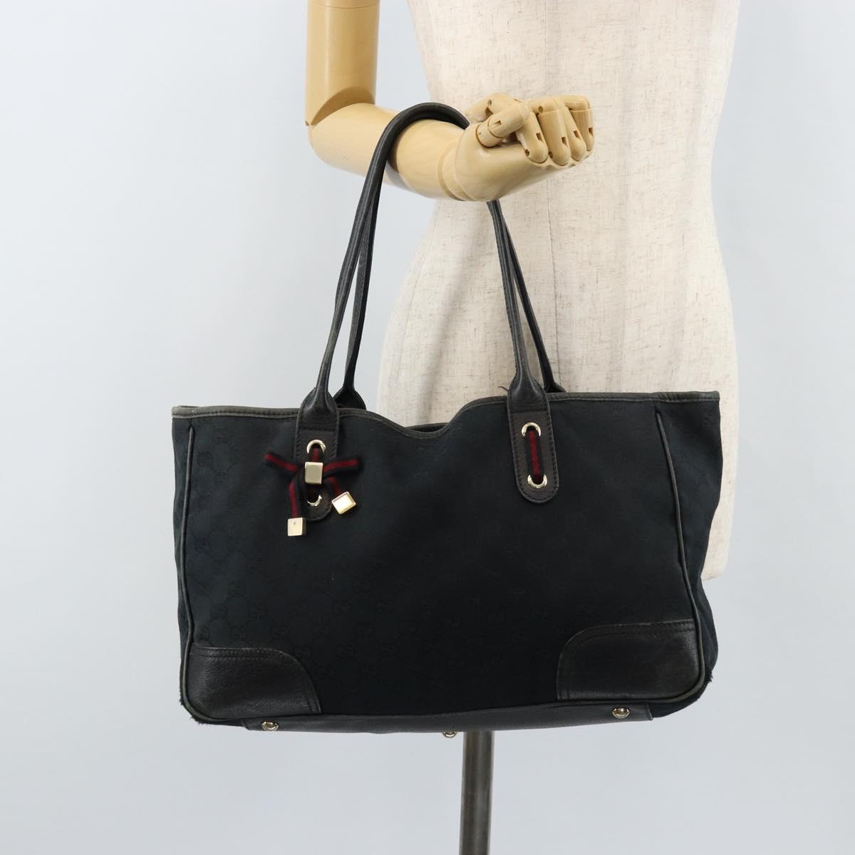 GUCCI GG Canvas Web Sherry Line Tote Bag Black Gold 163805 Auth 172780