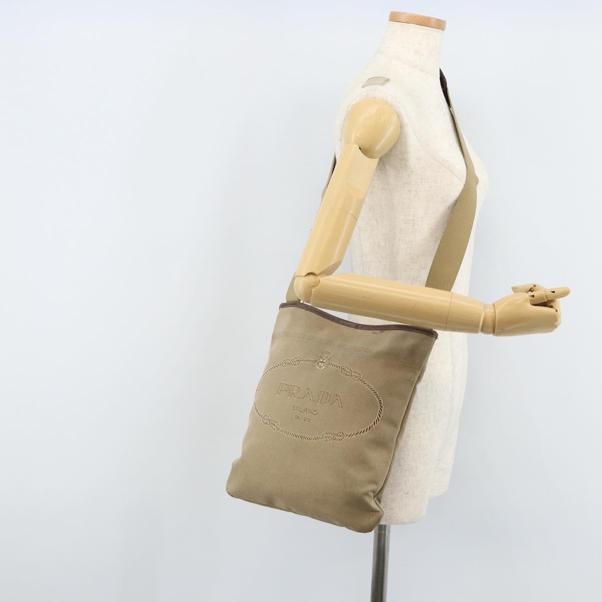 PRADA Shoulder Bag Canvas Beige Silver Auth 172784
