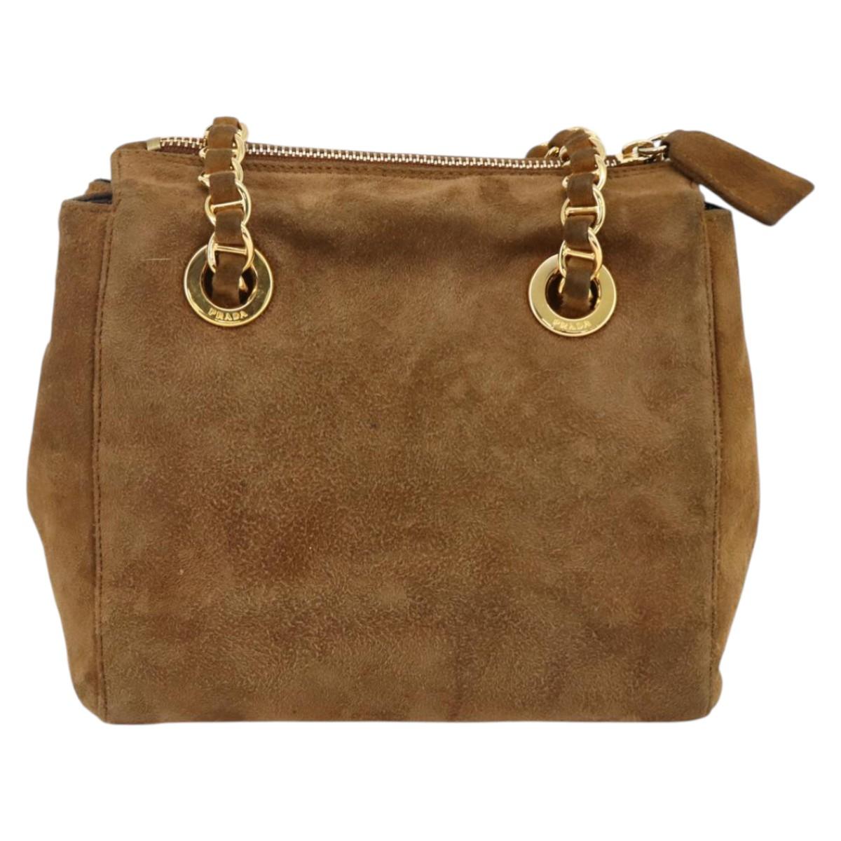 PRADA Chain Shoulder Bag Suede Brown Gold Auth 172806V