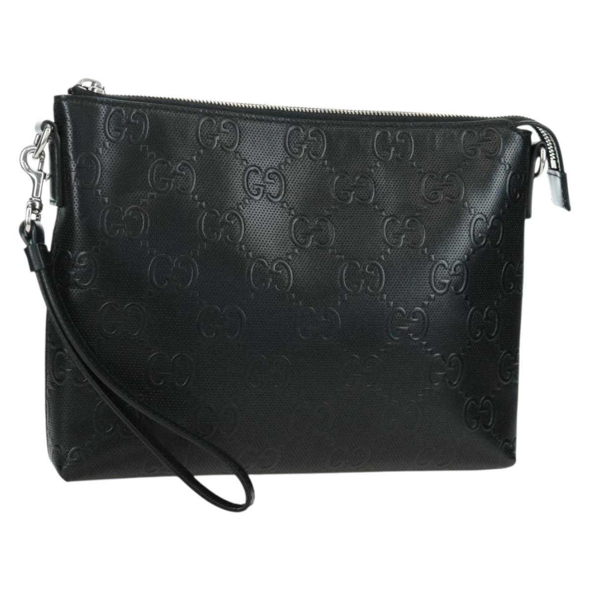 GUCCI GG Emboss Clutch Bag Leather Black Silver 696009 Auth 172817V
