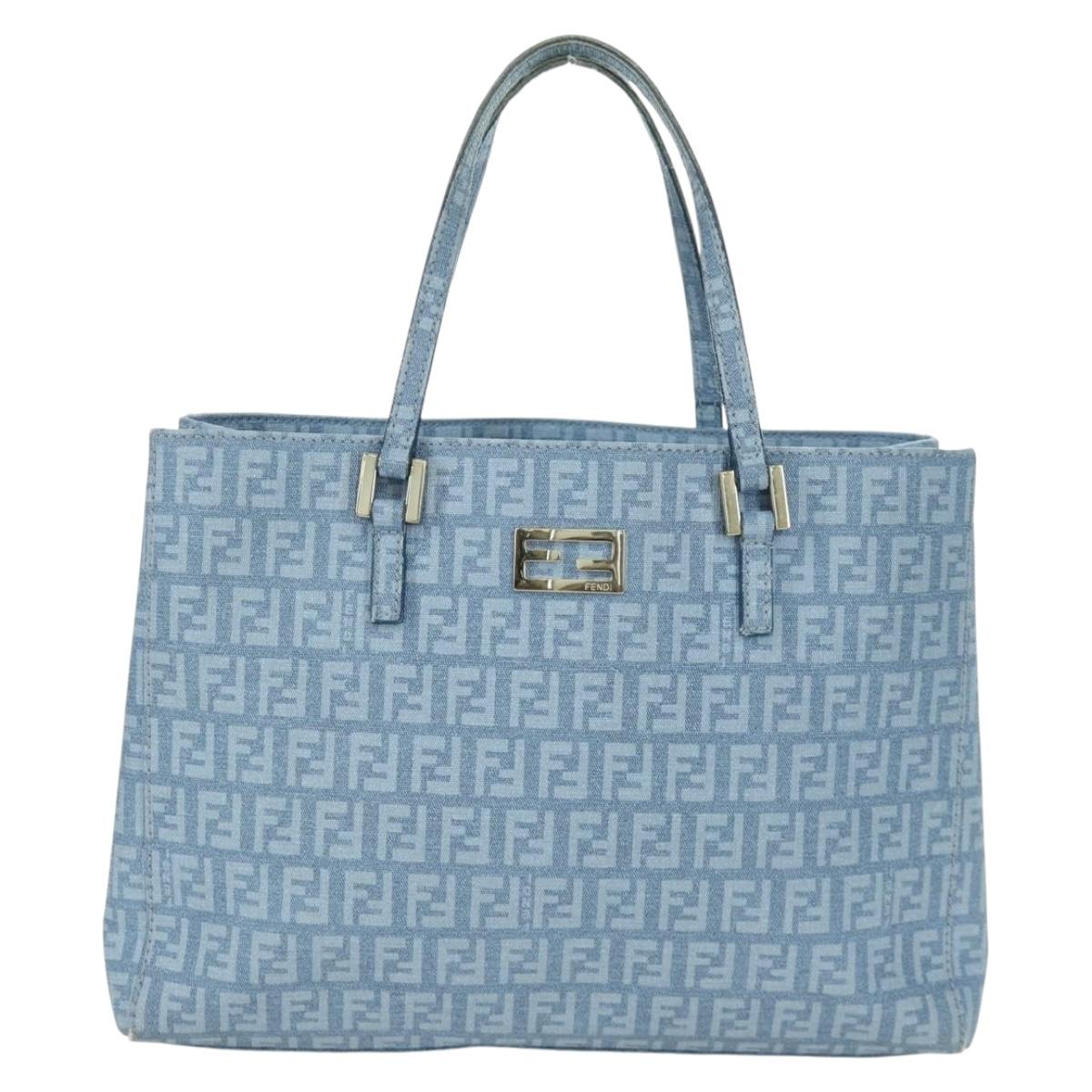 FENDI Zucchino Canvas Hand Bag PVC Light Blue Gold Auth 172850V