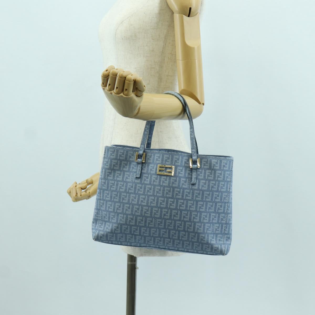 FENDI Zucchino Canvas Hand Bag PVC Light Blue Gold Auth 172850V