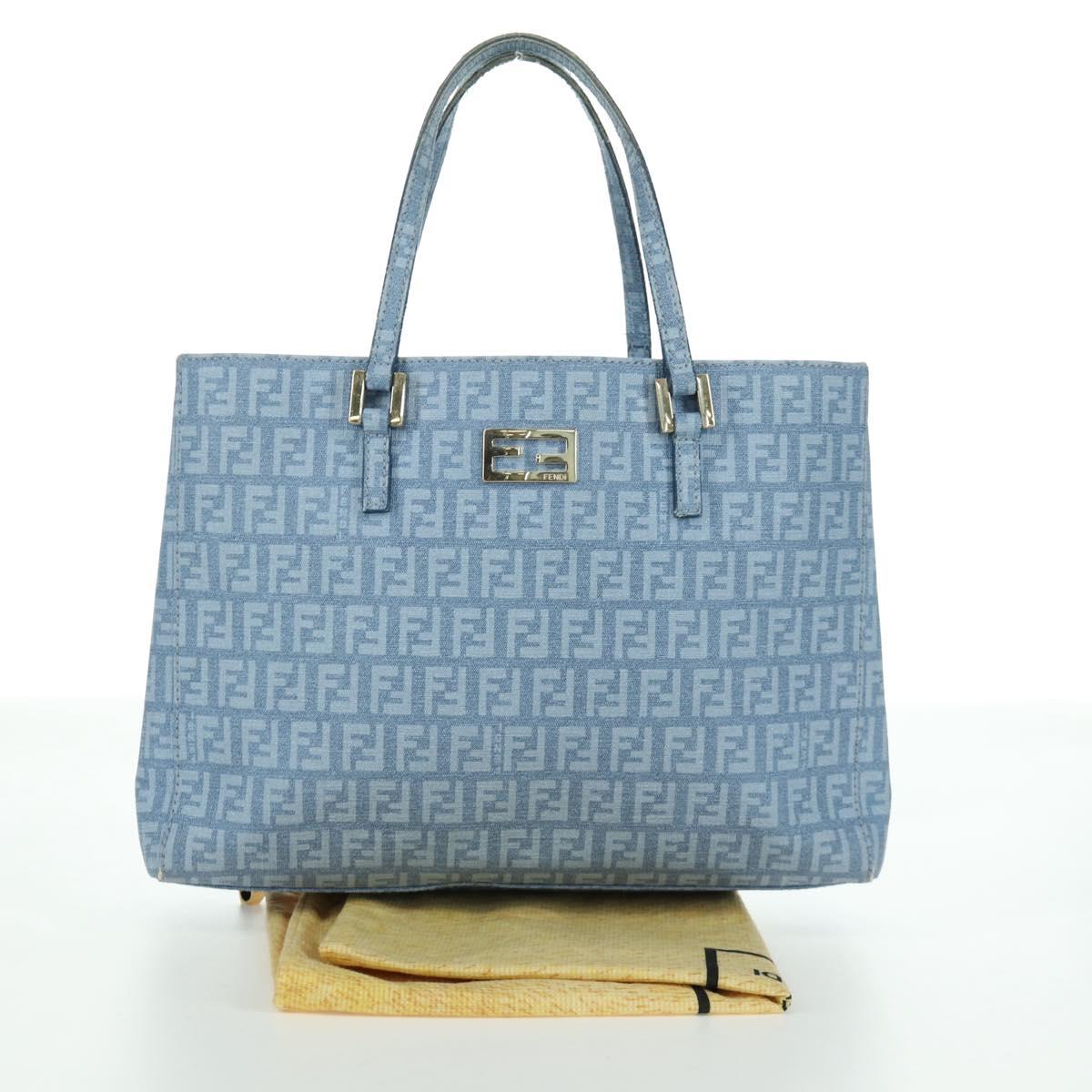 FENDI Zucchino Canvas Hand Bag PVC Light Blue Gold Auth 172850V