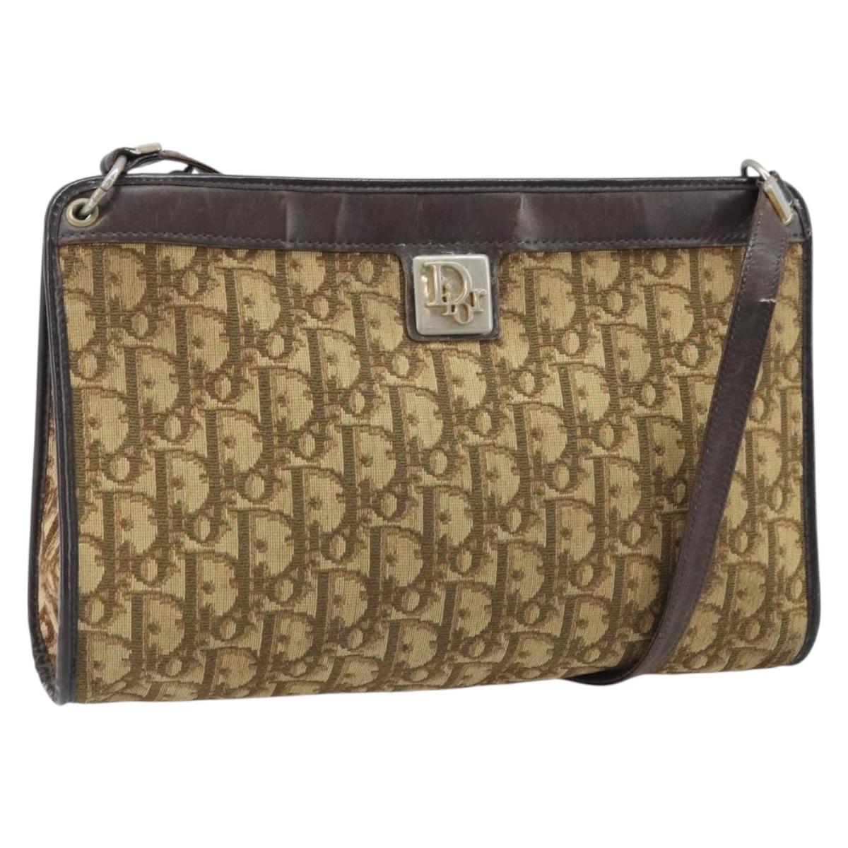 Christian Dior Trotter Canvas Shoulder Bag Brown Gold Auth 172857
