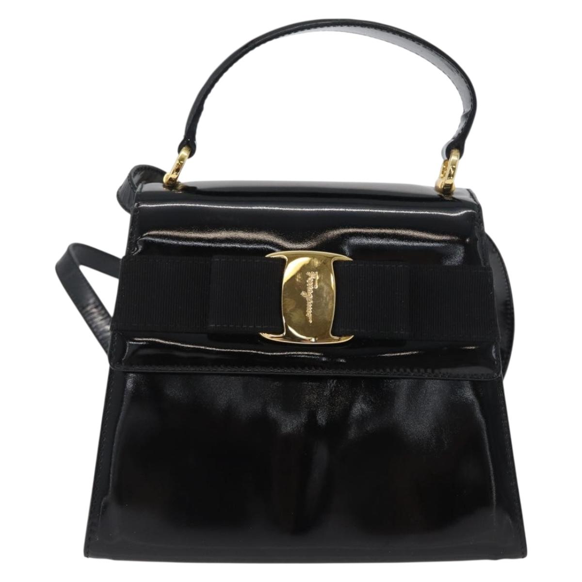 Salvatore Ferragamo Vala Hand Bag Patent leather 2way Black Gold Auth 172895